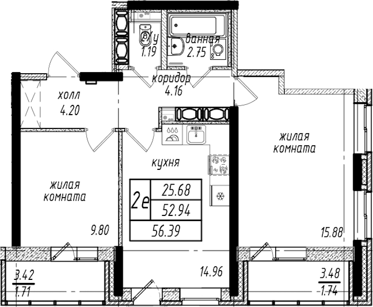 2-комнатная квартира 56.39 м², 18/25 эт., ЖК «Северная Долина»
